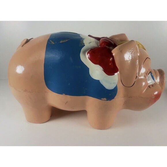 Piggy Bank VTG Molded Wood Fiber Mid Century MOD or Earlier Hand Painted 12.5" - Picture 4 of 8